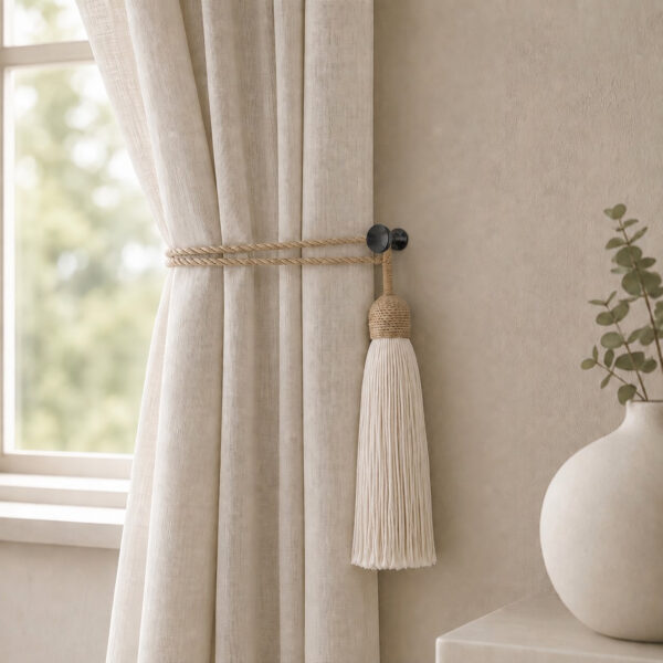Graphite round holdback gathering neutral linen drapes with a rope tassel tieback in a living room