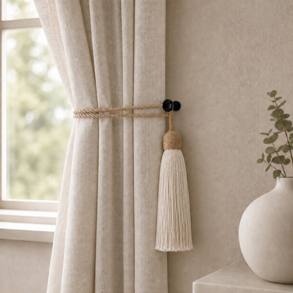 Black round holdback gathering neutral linen drapes with a rope tassel tieback in a living room