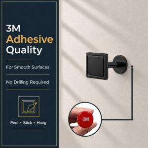 Graphite square tieback hook with 3M adhesive backing for smooth surfaces, no drilling, close up of the red pad