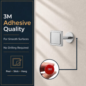Chrome square tieback hook with 3M adhesive backing for smooth surfaces, no drilling, close up of the red pad