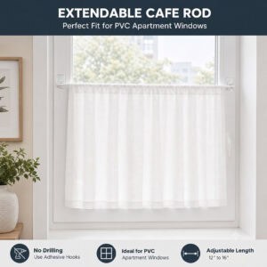 White extendable cafe rod on a PVC apartment window mounted with clear adhesive hooks, needing no drilling and adjusting from twelve to sixteen inches for a perfect fit.