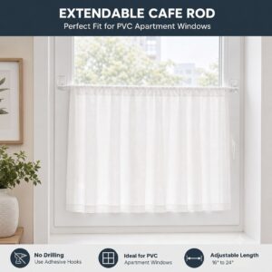 White extendable cafe rod on a PVC apartment window mounted with clear adhesive hooks, needing no drilling and adjusting from sixteen to twenty four inches for a perfect fit.