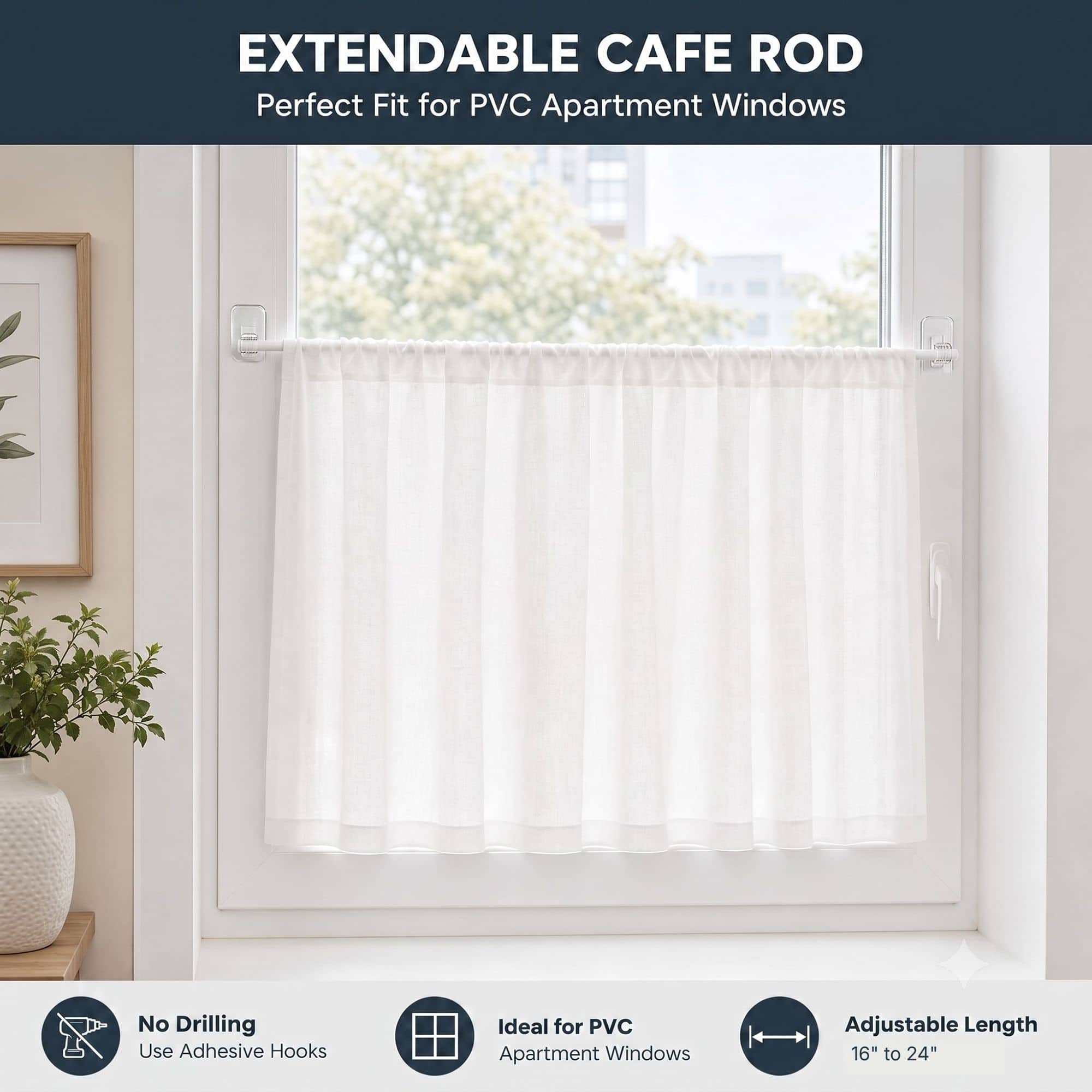 White extendable cafe rod on a PVC apartment window mounted with clear adhesive hooks, needing no drilling and adjusting from sixteen to twenty four inches for a perfect fit.