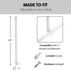 White ceiling support rod 24 inches long, compatible with 1 inch shower rod diameter, cuttable to size, mounting hardware included