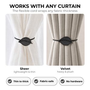 Gray leaf tieback shown on sheer and velvet curtains, fits any fabric thickness
