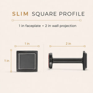 Graphite square tieback hook dimensions, 1 inch faceplate and 2 inch wall projection, front and side view
