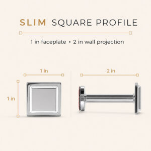 Chrome square tieback hook dimensions, 1 inch faceplate and 2 inch wall projection, front and side view