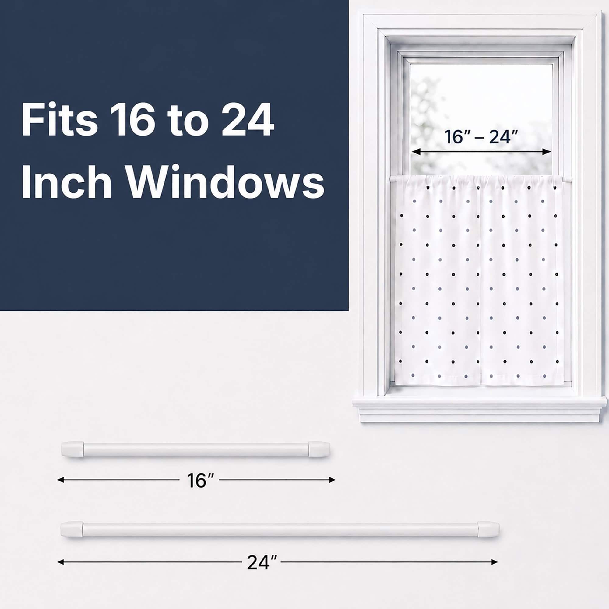 Adjustable white cafe rod extending from sixteen to twenty four inches, shown fitting a small window with a polka dot tier curtain and a labeled size diagram.