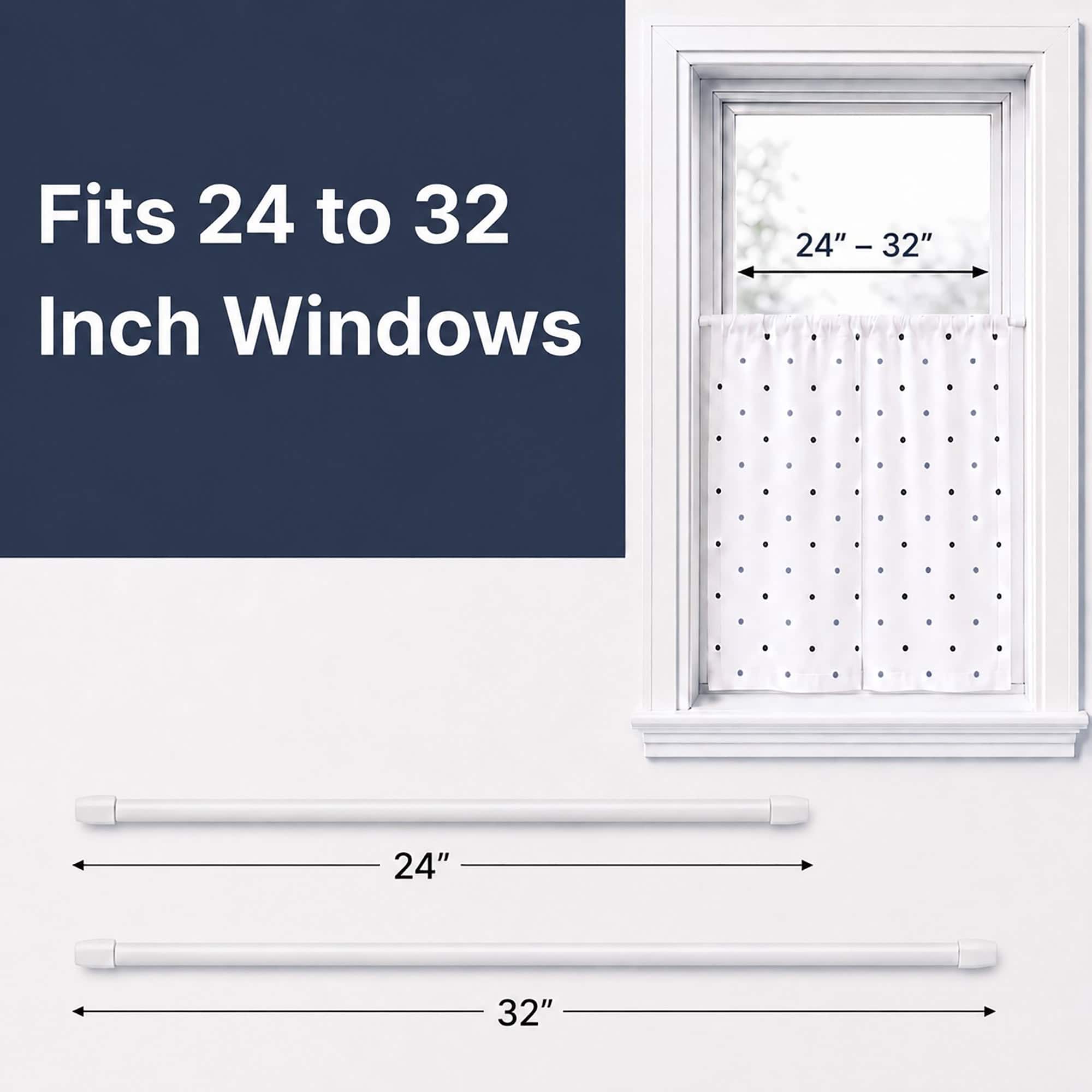 Adjustable white cafe rod extending from twenty four to thirty two inches, shown fitting a small window with a polka dot tier curtain and a labeled size diagram.