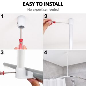 White ceiling support rod easy installation in 4 steps, mount ceiling cap, insert and secure rod, clip onto shower rod with screwdriver