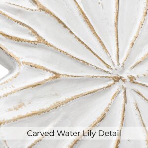 Macro texture: Close-up of the hand-finished whitewashed water lily leaf with carved veins and gold patina detail