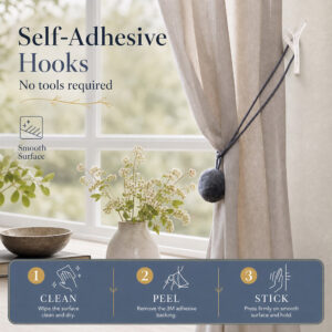 Self adhesive white curtain hook installed without tools, clean peel and stick steps