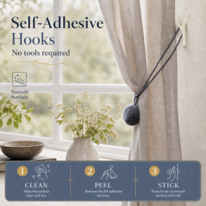 Self adhesive curtain hook installed without tools, clean peel and stick steps