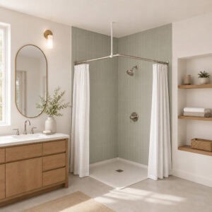 White ceiling support rod stabilizing corner shower rod in bright sage green bathroom with wood vanity and natural light