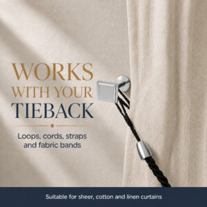 Chrome square tieback hook holding a black cord tieback on a cream curtain, fits loops, cords and fabric bands