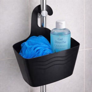 Black hanging shower caddy on chrome shower rod with blue loofah and shower gel