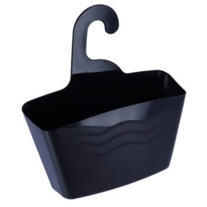 Black plastic hanging shower caddy organizer with hook on white background