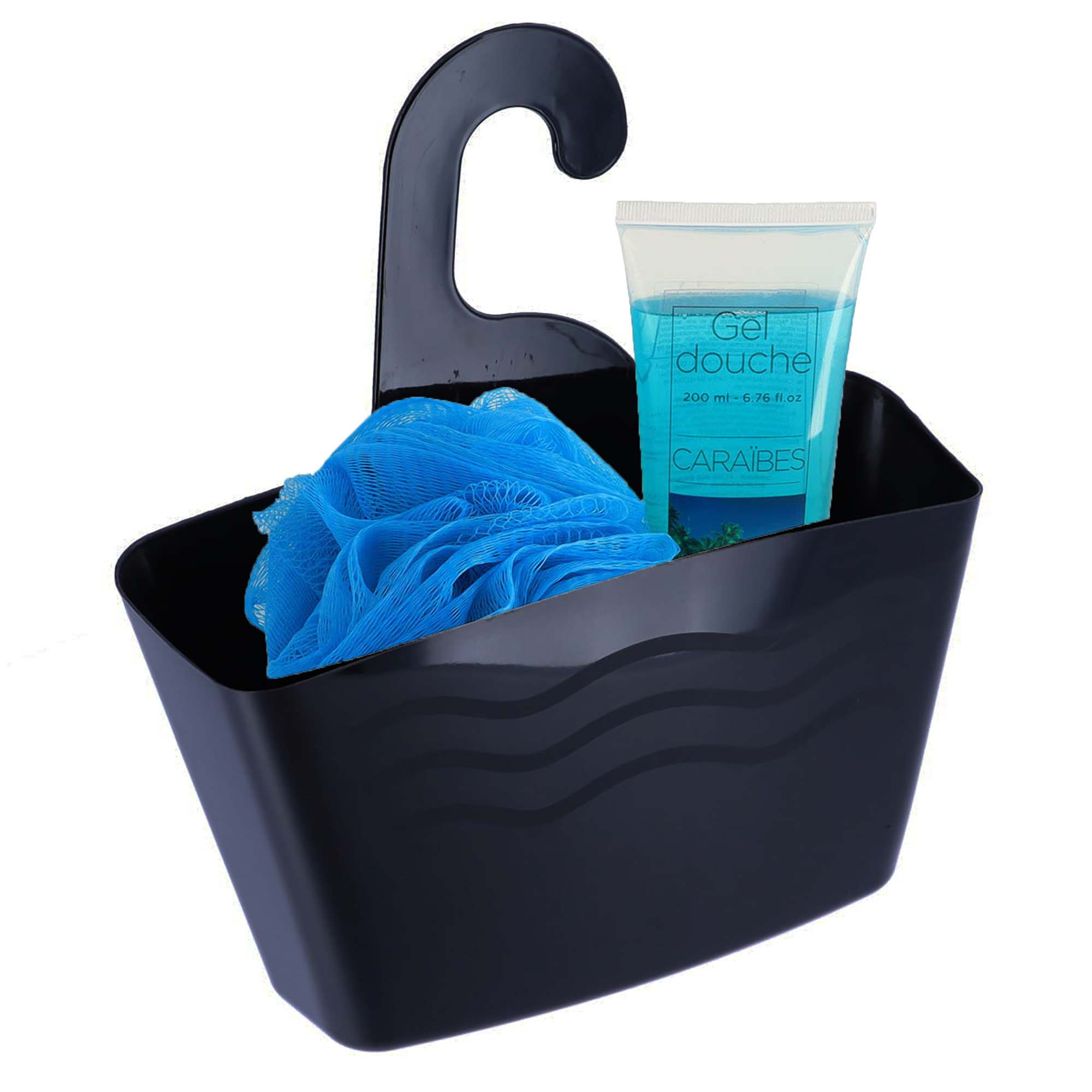 Black plastic hanging shower caddy with blue loofah and shower gel on white background
