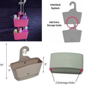 Product specifications showing interlock system, dimensions, and drainage holes of hanging shower caddy