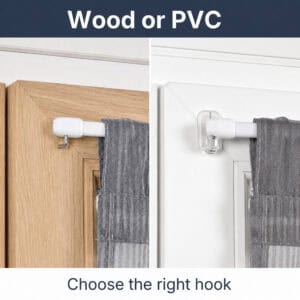 Side by side comparison showing a screw in L hook on a wood frame and a clear adhesive hook on a PVC frame, helping buyers choose the right mount.