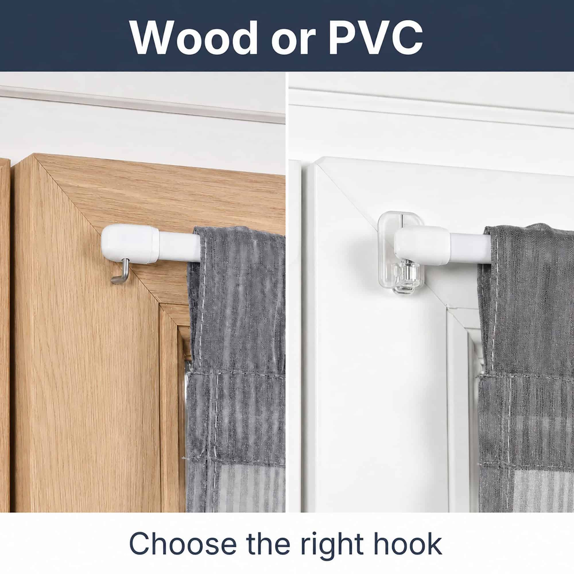 Side by side comparison showing a screw in L hook on a wood frame and a clear adhesive hook on a PVC frame, helping buyers choose the right mount.