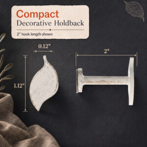 Size guide for the compact slim profile leaf tieback hook with inch measurements