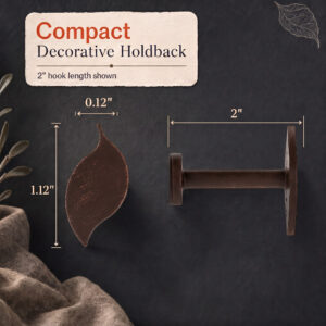 Size guide for the compact slim profile leaf tieback hook with inch measurements