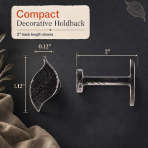 Size guide for the compact slim profile leaf tieback hook with inch measurements