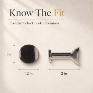 Size guide for the compact round curtain tieback hook with inch measurements