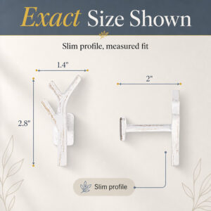Size guide for the white branch tieback hook, 2.8 inches tall, 1.4 inches wide, 2 inches deep