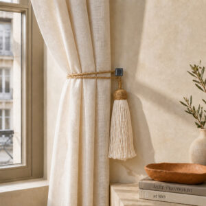Graphite square tieback hook holding an ivory linen curtain with a gold rope and tassel in a sunlit room