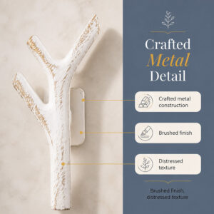 Close up of the crafted metal branch hook in white with brushed gold distressed texture