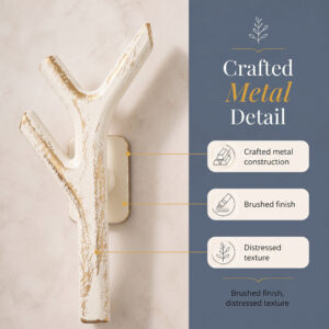 Close up of the crafted metal branch hook with brushed gold and distressed texture