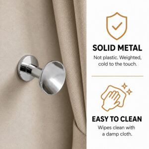 Solid metal alloy tieback hook, rustproof and easy to wipe clean with a polished chrome finish