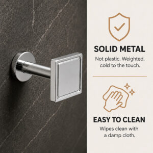 Solid metal chrome square tieback hook on a dark marble wall, wipes clean with a damp cloth