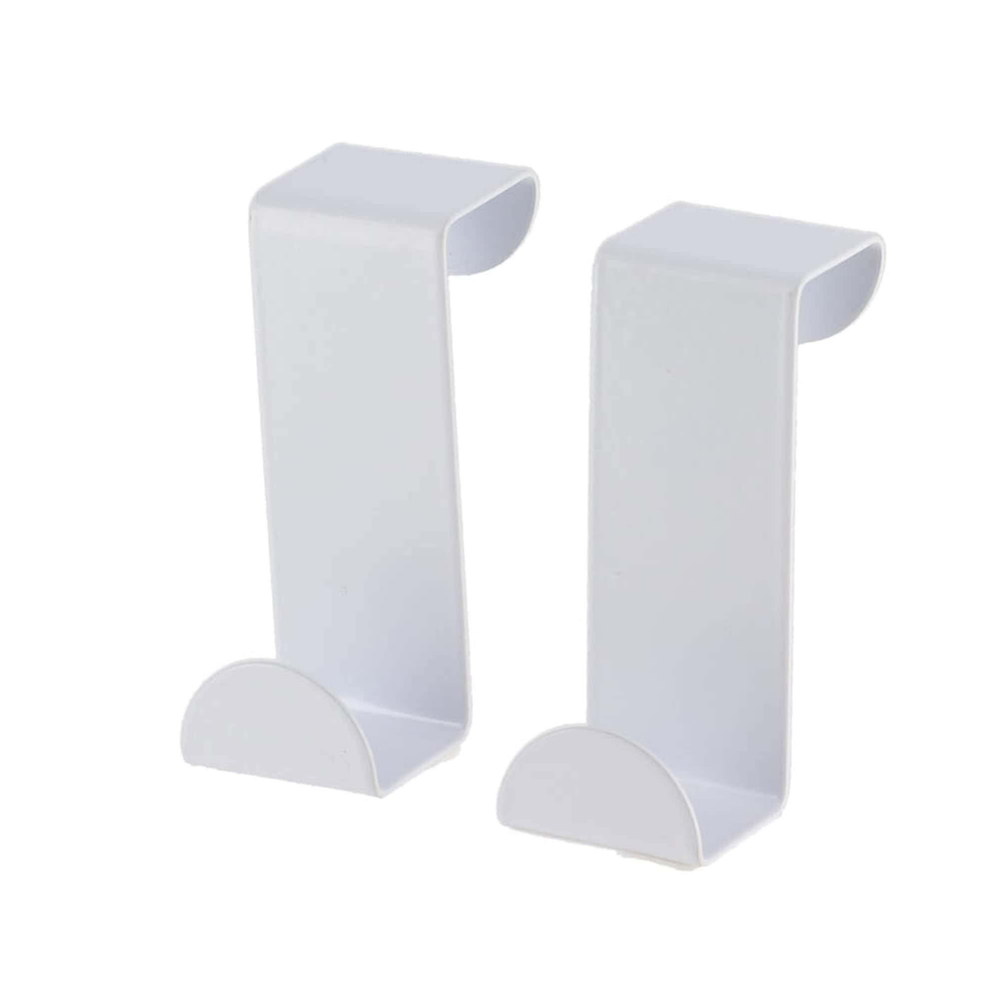 "Set of 2 white metal over-door hooks with curved base on white background"