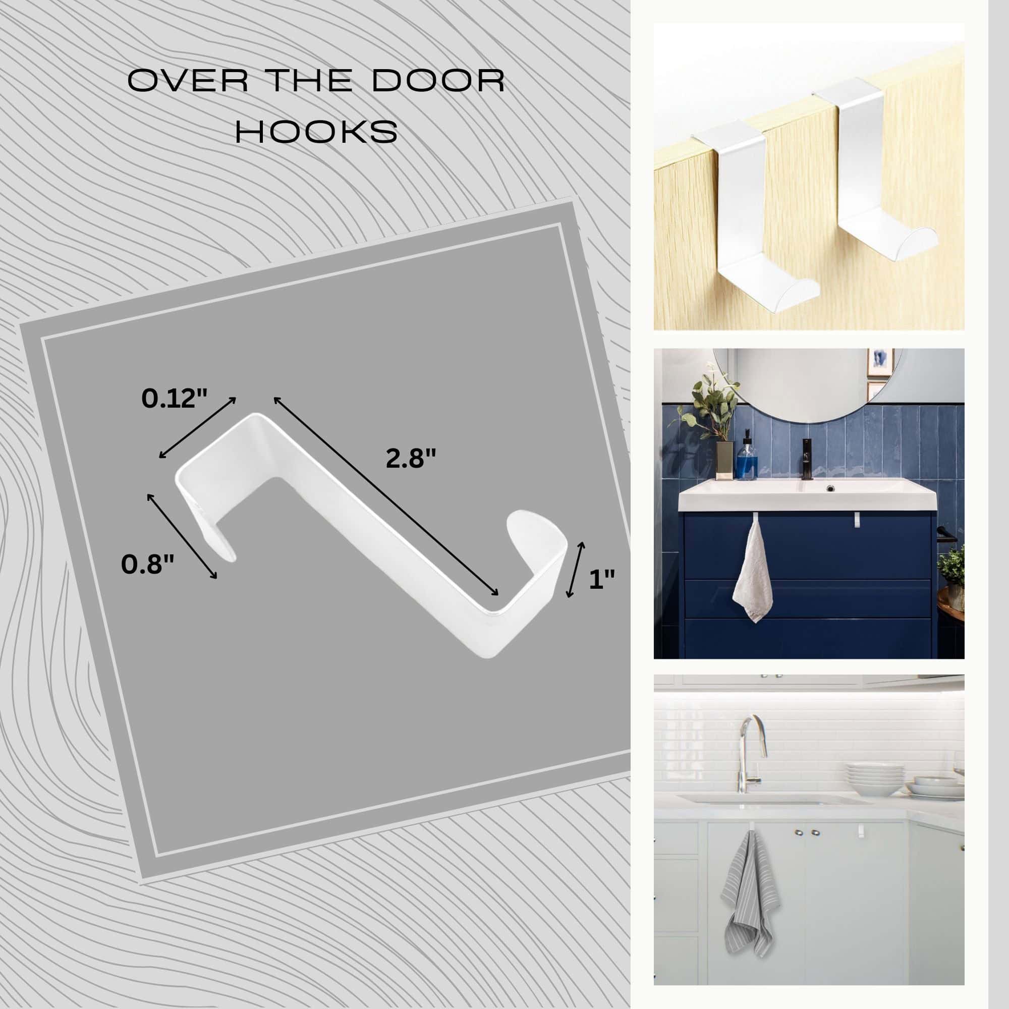 "Dimensions infographic showing white over-door hook measurements: 2.8" length, 0.8" gap, with bathroom lifestyle photos"