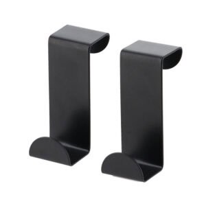 "Two matte black over-the-door hooks on white background"