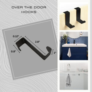 "Black over-the-door hook dimensions diagram with bathroom lifestyle photos collage"