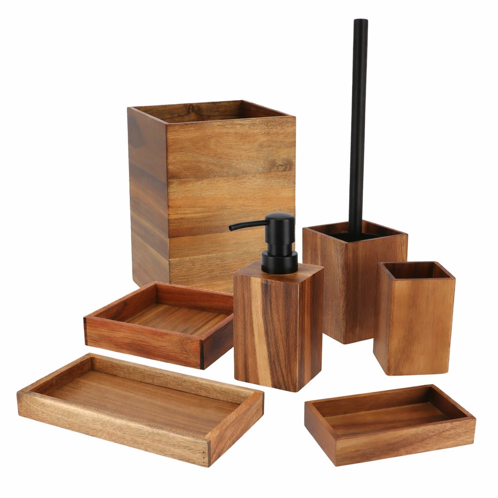 Acacia wood 7-piece bathroom set with bin trays dispenser brush holder tumbler