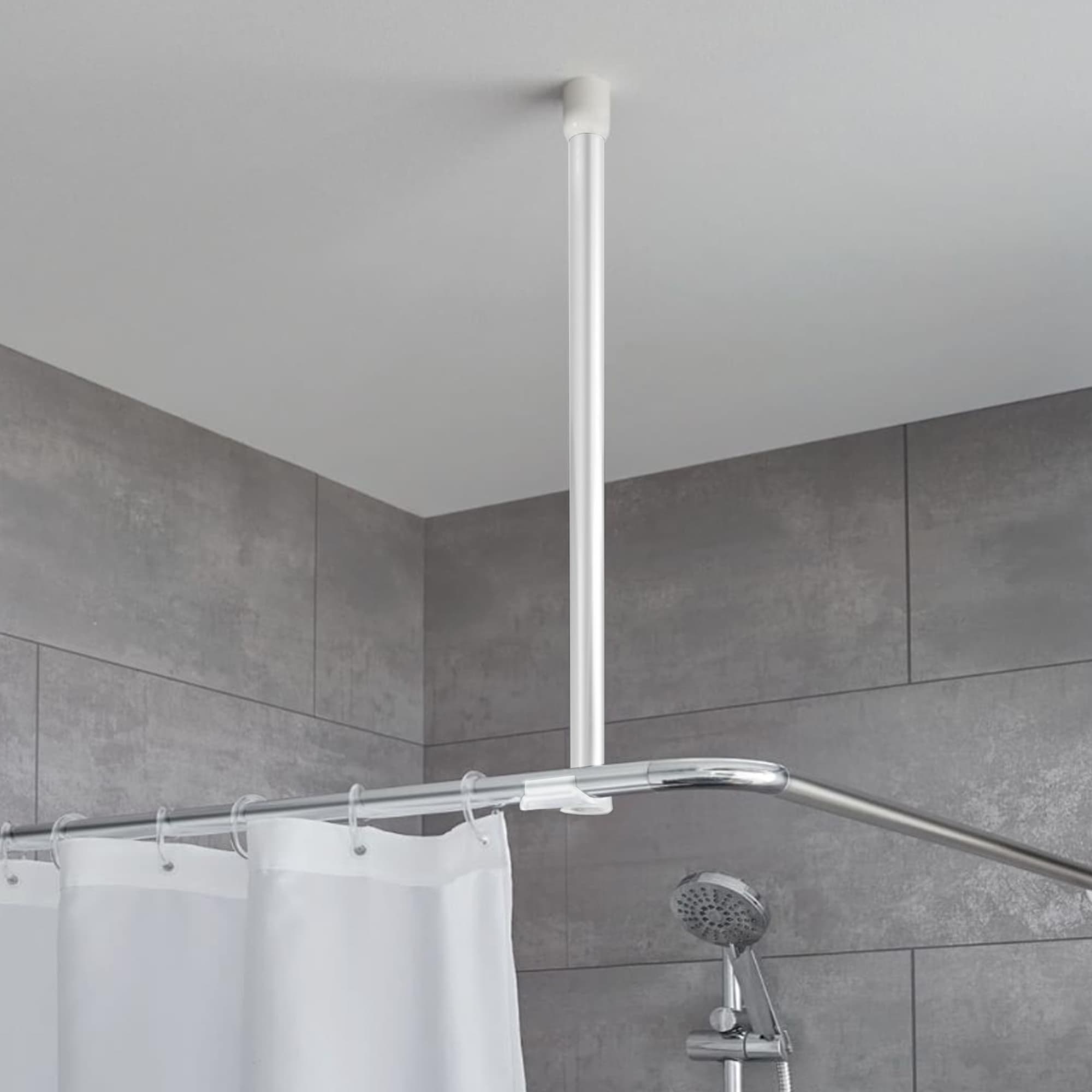 White ceiling support rod in a modern bathroom, enhancing the stability of the shower curtain rail