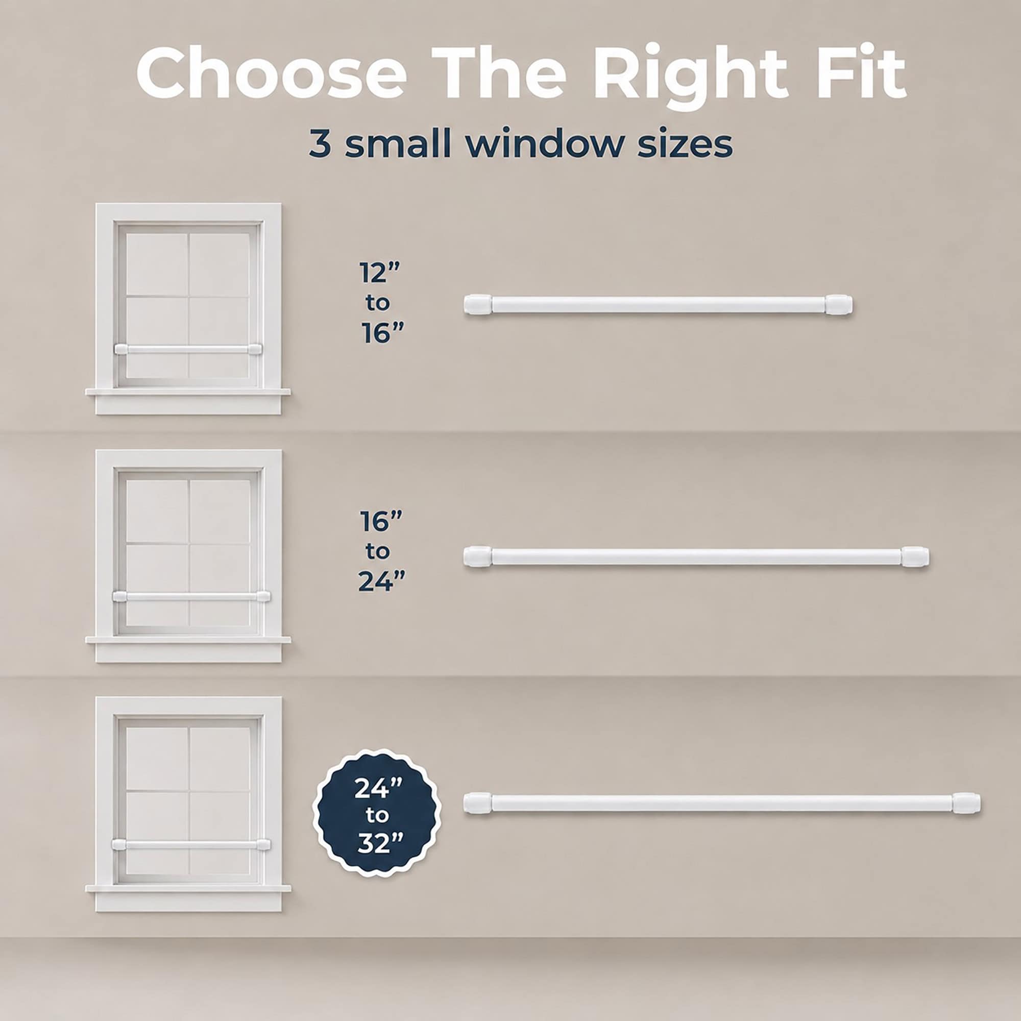 Size comparison chart showing three adjustable white cafe rods for small windows, spanning twelve to sixteen, sixteen to twenty four, and twenty four to thirty two inches.