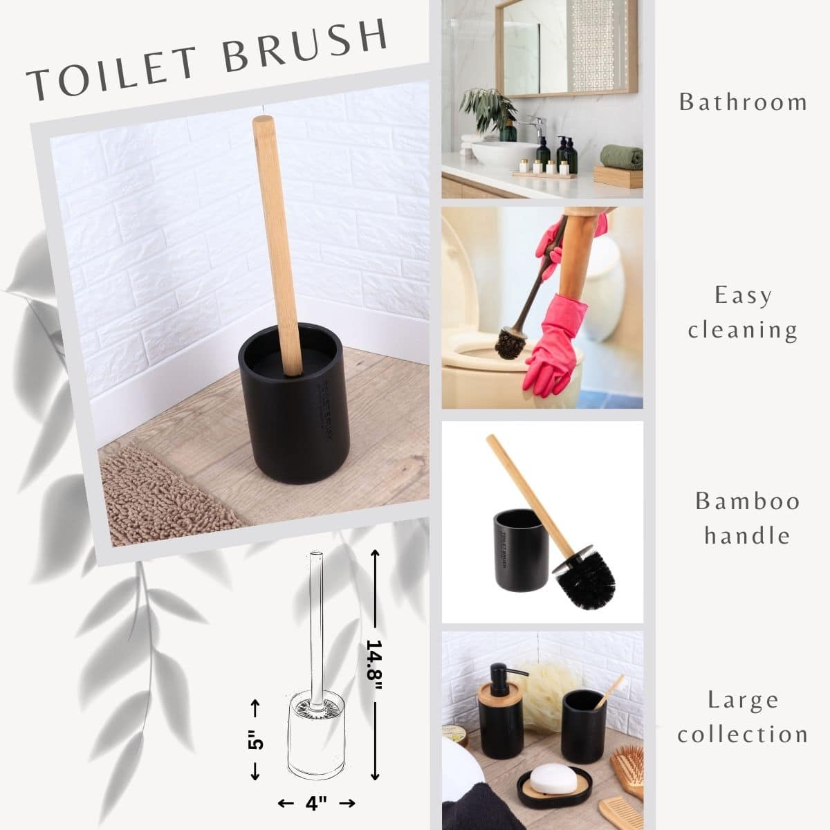 Versatile wooden onyx black toilet brush and holder set for bathroom restroom easy cleaning