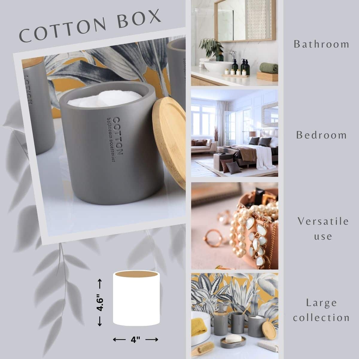 Versatile wooden ash gray cotton box for bathroom bedroom swabs pads balls jewels beauty accessories