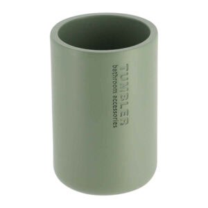 Matte green bathroom tumbler toothbrush holder on white background