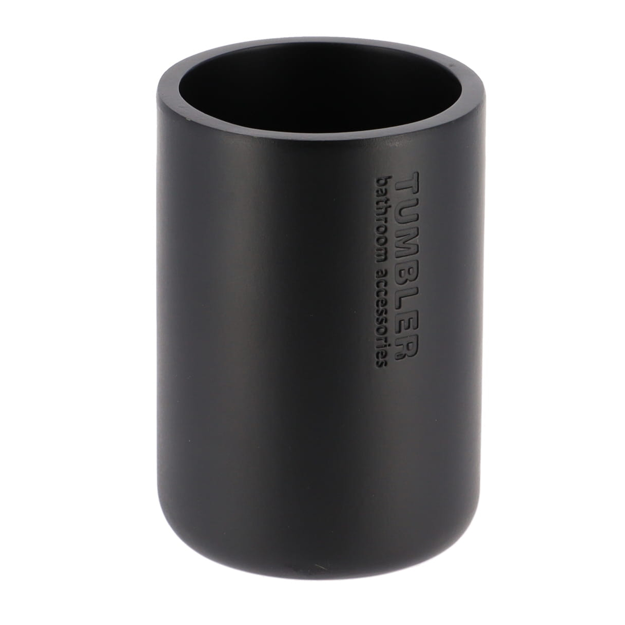 Matte black bathroom tumbler toothbrush holder on white background