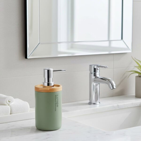 Green bathroom lotion dispenser with bamboo top on vanity