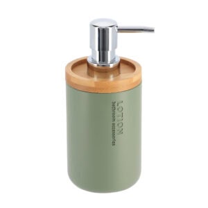 Minimalist green soap dispenser with bamboo detailing