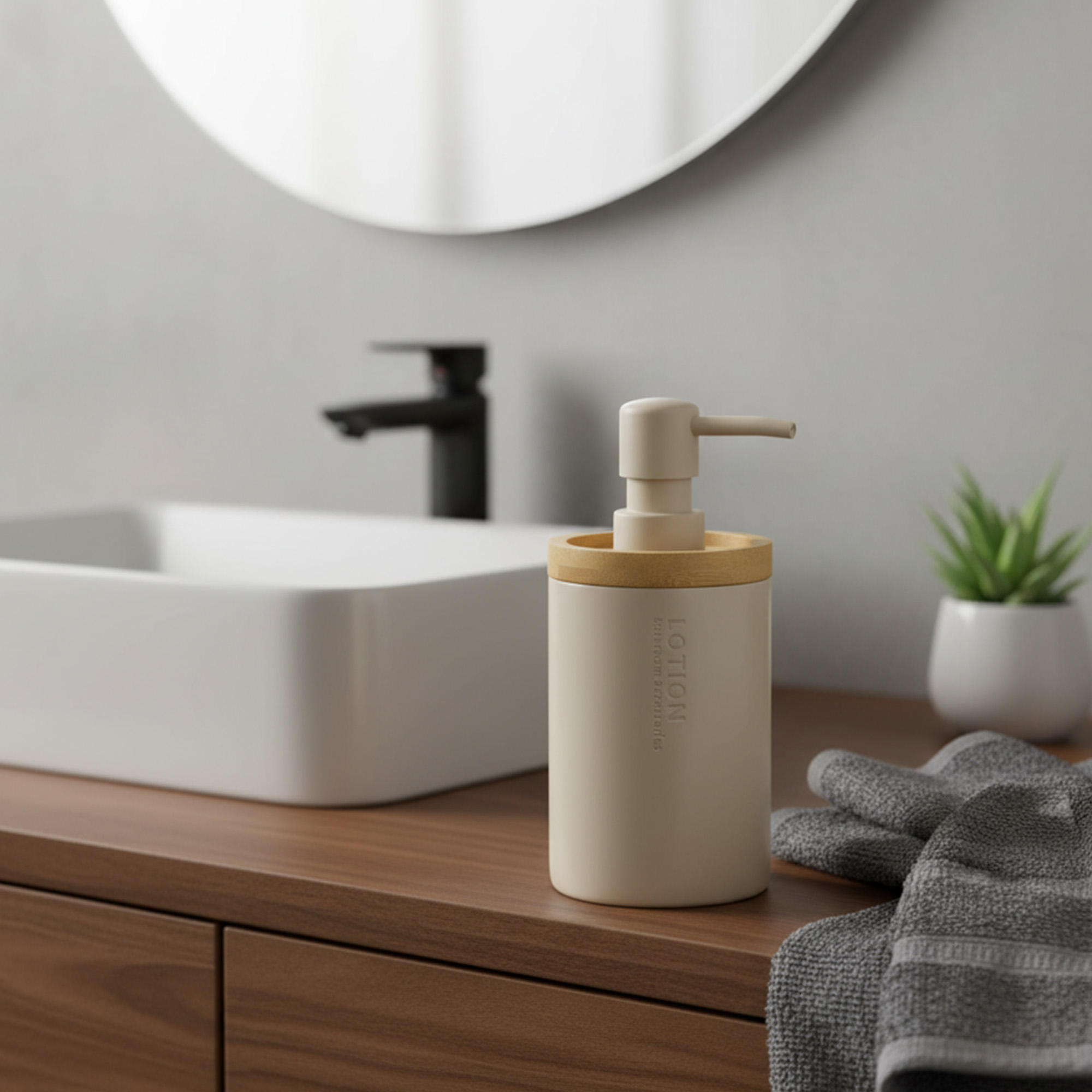 Beige bathroom lotion dispenser with bamboo top on vanity