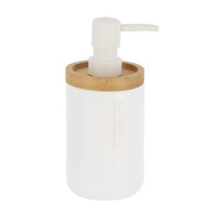 Minimalist white soap dispenser with bamboo detailing